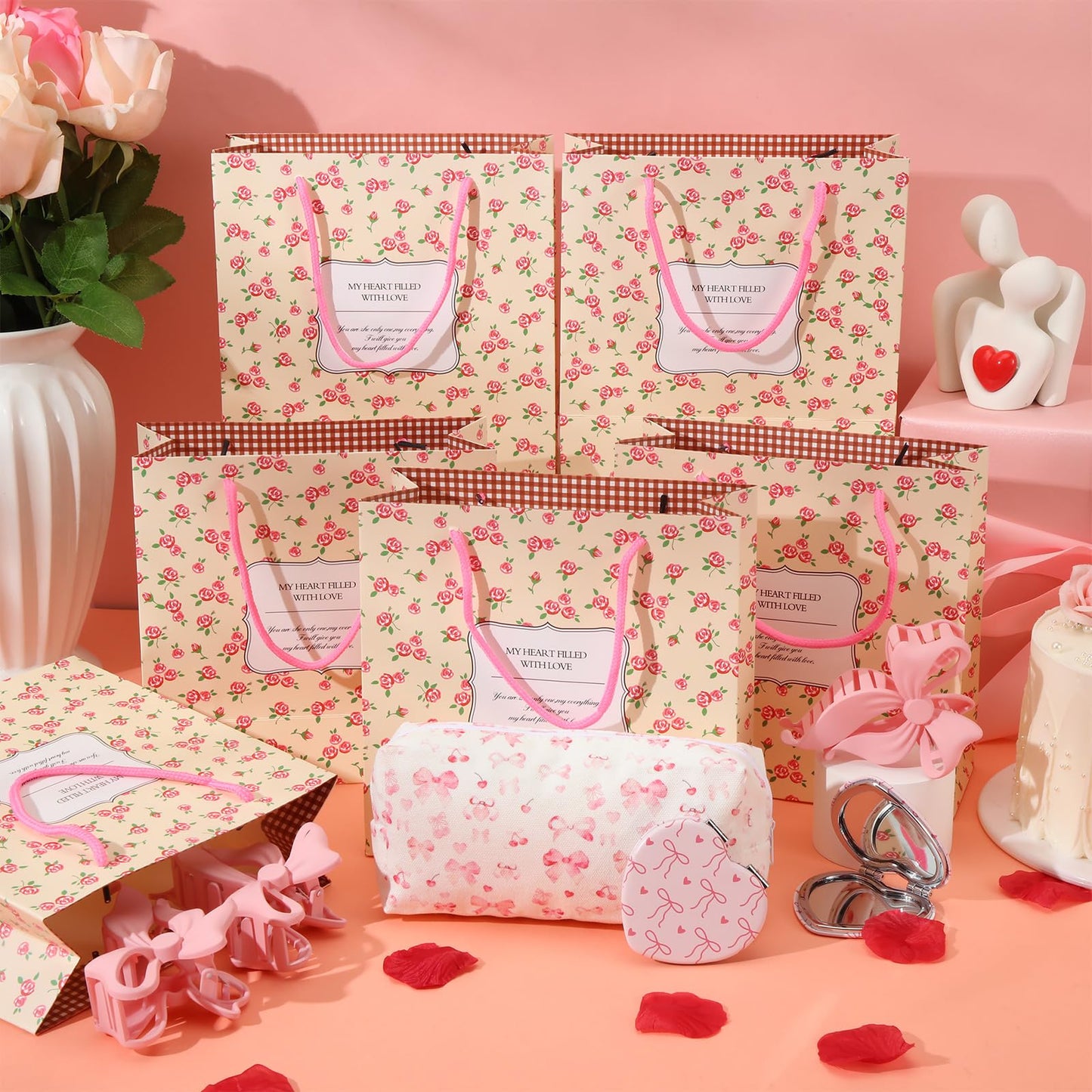 Suncalla 24 Pcs Galentine's Day Gifts Bulk Pink Bow Bags Gifts Set for Women Coquette Basket Hair Clips Mirror Bowknot Canvas Cosmetic Bag for Mothers Friend Bridal Shower Birthday