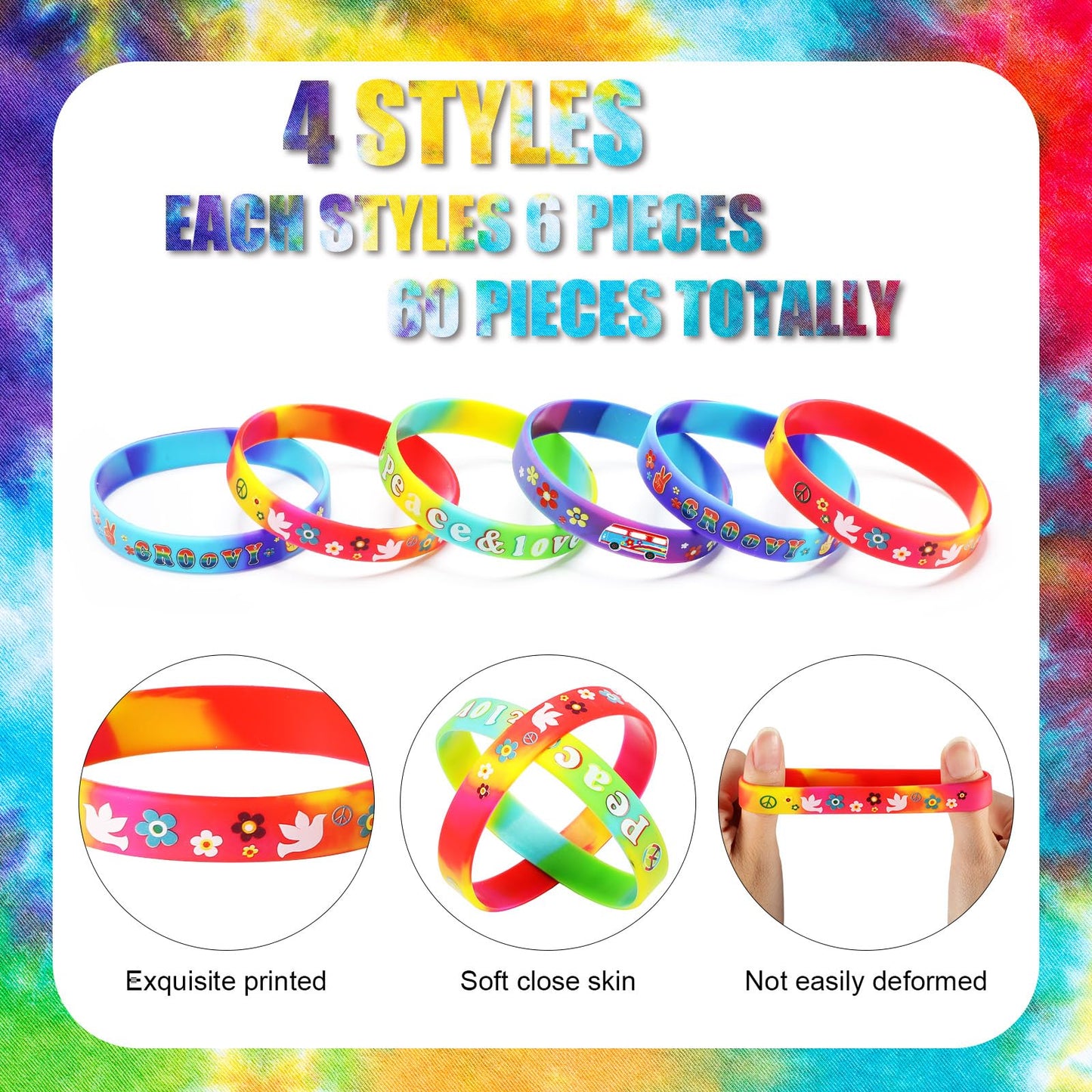 24 Pcs 60's Hippy Retro Groovy Silicone Bracelets Wristbands Party Decoration Peace Love 60's Hippy Favor for 60s Hippie Groovy Party Supplies