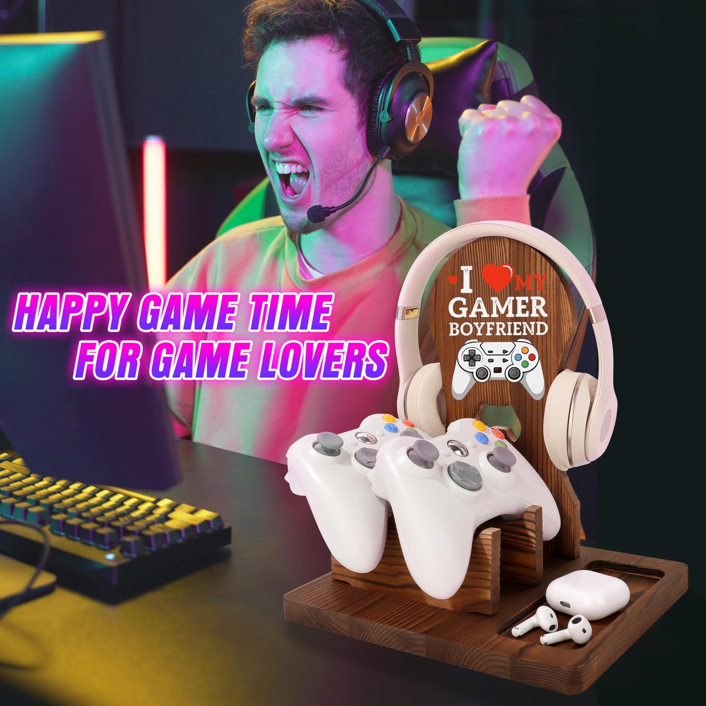 Boyfriend Ideas Gifts, Valentines Fathers Anniversary Christmas Birthday Gifts for Boyfriend Wooden Headphone Stand