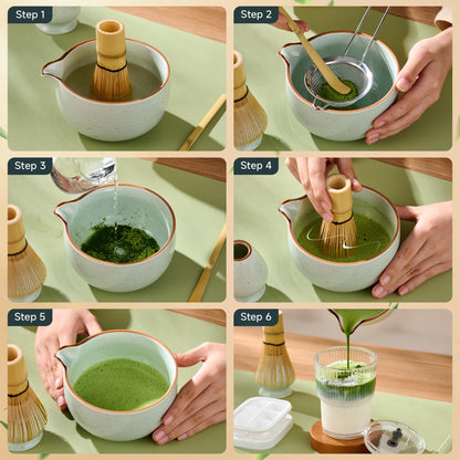 ComboJoy Matcha Whisk Set, Complete Matcha Kit with Bowl, Bamboo Whisk & Holder, Scoop, Sifter, Glass Cup with Lid & Straw, Ice Cube Tray – Matcha Gift Set for Matcha Lovers