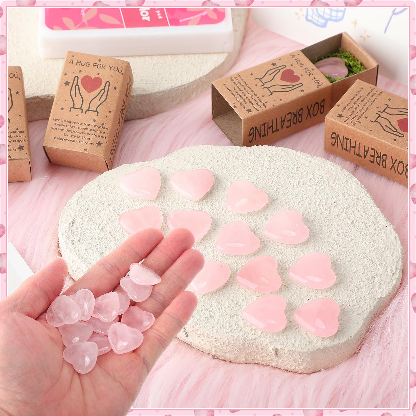 Landical 50 Sets 2026 Graduation Pocket Hug Token Gifts Bulk Little Heart Rocks Small Crystal Heart Stones Bulk with Boxes for Birthday Party Colleagues Family Celebration of Life Gifts (Pink)