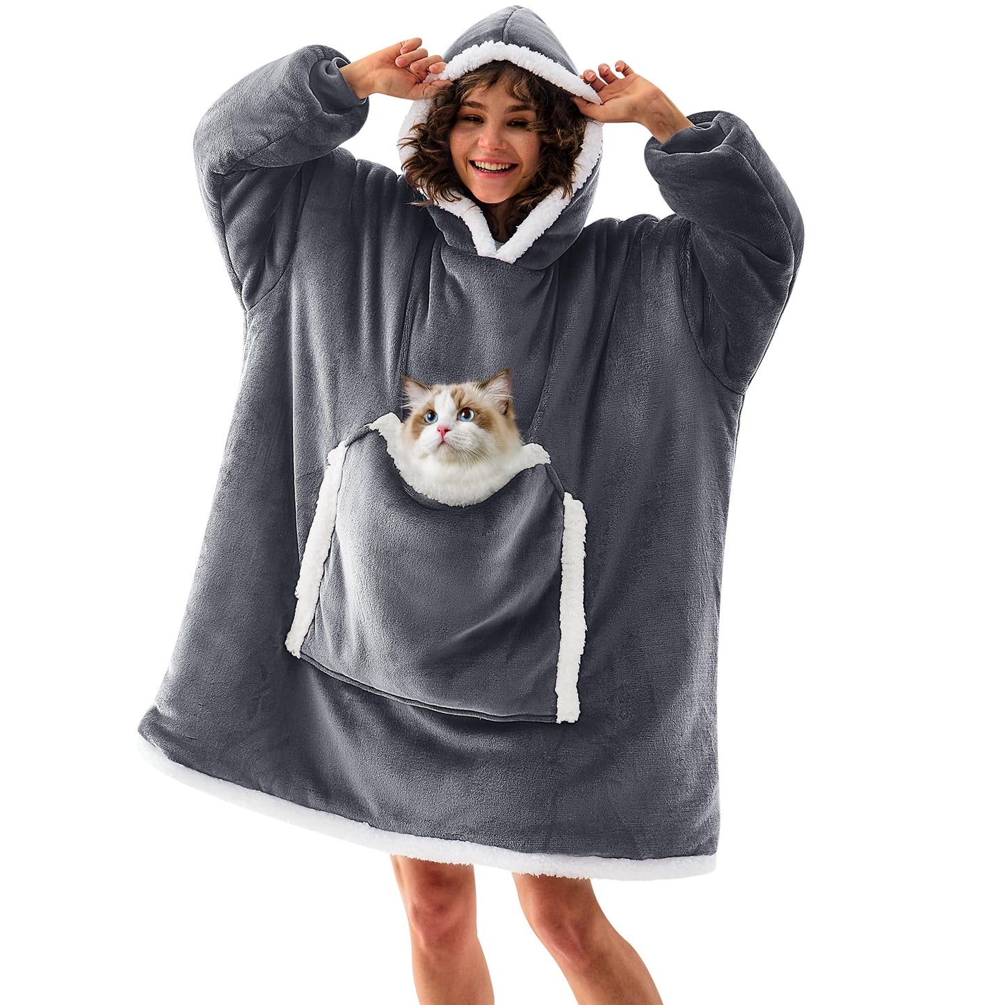 JOYWOO Wearable Blanket Hoodie, Birthday Gifts for Women Men Mom, Oversized Hooded Blanket for Adult, Cozy Fuzzy Sherpa Sweatshirt Blanket with Giant Pocket,Grey