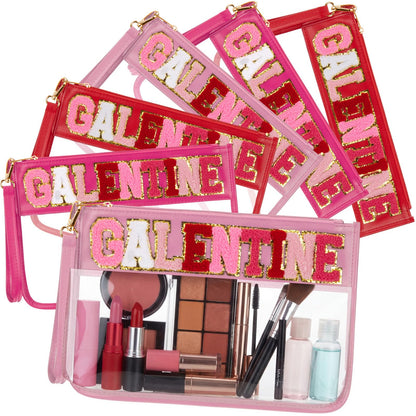 Shinylin 6 Pcs Galentine's Day Makeup Bags Gifts Bulk Chenille Letter Clear Zipper Pouch Waterproof Nylon Organizer for Women Girls Friends Ladies Valentine's Day Party Favors Decorations
