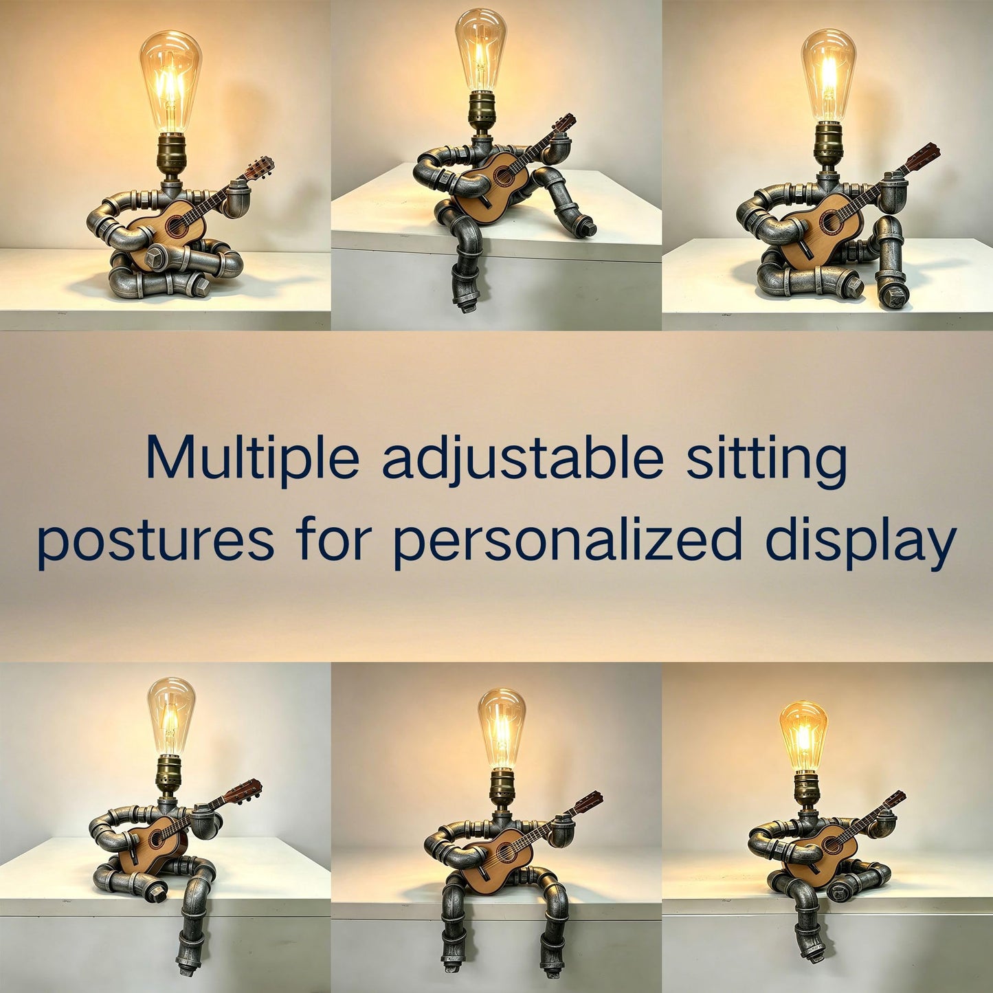 Steampunk Guitar Pipe Robot Table Lamp, Adjustable Industrial Water Pipe Desk Lamp with Wooden Guitar & Edison Bulb,Music Lovers, Bedside, Bar Cafe - Cool Unique Gifts