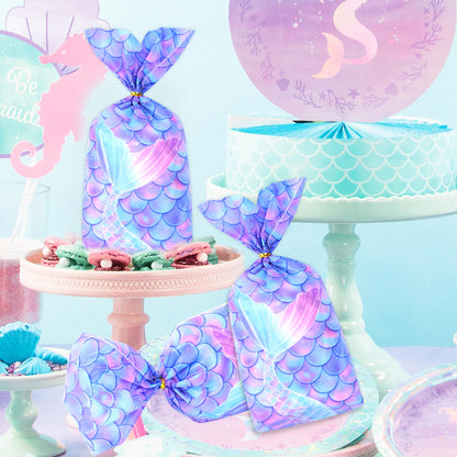 Mikzhskr Mermaid Party Favors - 30 Pcs Decorations, Cookie Goodie Candy Gift Bags, Little Mermaid Cellophane Treat Bags With 30 Pcs Gold Twist Ties for Birthday Party Supplies