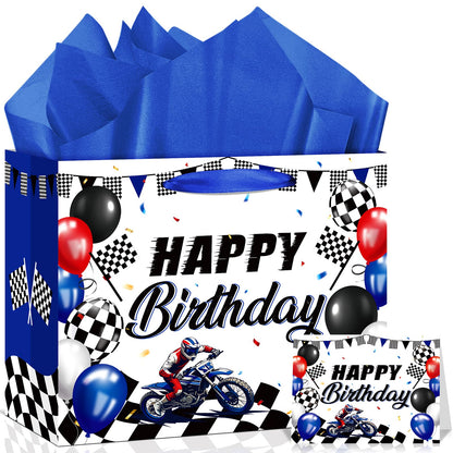 Neptniopllab Dirt Bike Birthday Gift Bag with Card & Wrapping Paper for Motorcycle Birthday Party Decoration Racing Motocross Motorbike Boy Men Goodie Treat Bag