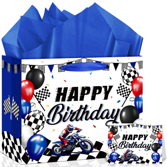 Neptniopllab Dirt Bike Birthday Gift Bag with Card & Wrapping Paper for Motorcycle Birthday Party Decoration Racing Motocross Motorbike Boy Men Goodie Treat Bag