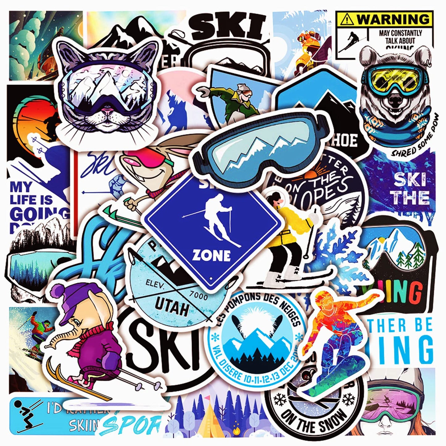 Winter Skiing Stickers Pack - 50 Colorful Ski Cartoon Stickers for Flasks, Laptops, Water Bottles, Cute Aesthetic Vinyl Waterproof Graffiti Decals for Kids, Teen Girls, Adults