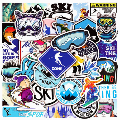 Winter Skiing Stickers Pack - 50 Colorful Ski Cartoon Stickers for Flasks, Laptops, Water Bottles, Cute Aesthetic Vinyl Waterproof Graffiti Decals for Kids, Teen Girls, Adults
