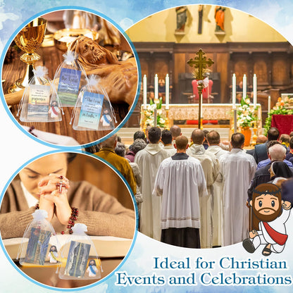 Bememo 50 Sets Christian Gifts Bulk Bible Verse Cards Include Little Jesus Figures Prayer Cards and Organza Bags for Religious Party Favors Sunday Baptism Gifts(Landscape Style,Bright)