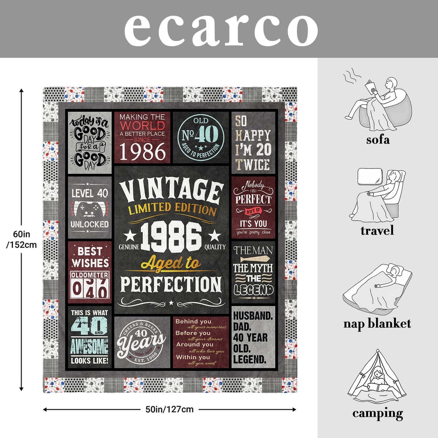 40th Birthday Gifts Men - 40 Year Old Gifts for Men - Turning 40 Gift for 40 Year Old Man - Funny Bday Gift for Male in Their 40s - 1986 40th Birthday Blanket 60" x 50"