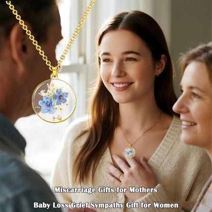 Miscarriage Gifts for Mothers, Forget Me Not Pressed Flowers Necklace, Baby Loss Grief Sympathy Gift for Women, Child Loss Memorial Gifts Jewelry