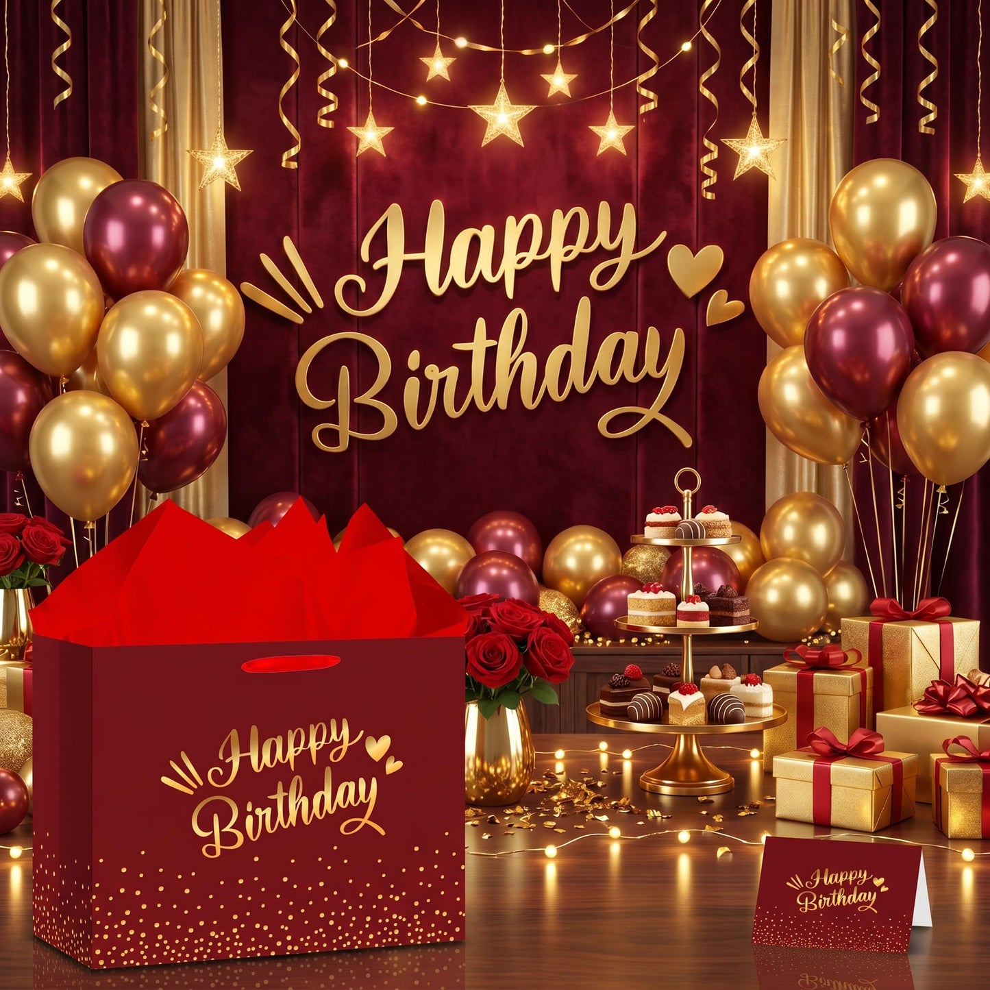Burgundy Birthday Gift Bag with Tissue Paper Card Large Red Gold Foil Happy Wrapping Paper Bag Elegant Present Bags for Adult Women Men Mum Dad Milestone Birthday Supplies Premium Party Favors Decor