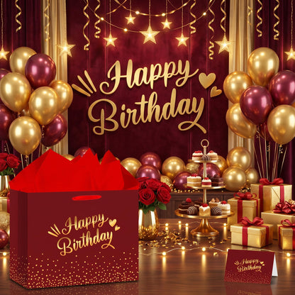Burgundy Birthday Gift Bag with Tissue Paper Card Large Red Gold Foil Happy Wrapping Paper Bag Elegant Present Bags for Adult Women Men Mum Dad Milestone Birthday Supplies Premium Party Favors Decor