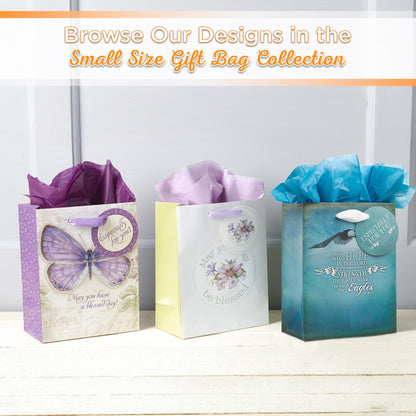 Christian Art Gifts Gift Bag, Card, and Tissue Paper Blessed Day Numbers 6:24 Bible Verse, Purple Butterfly, Small