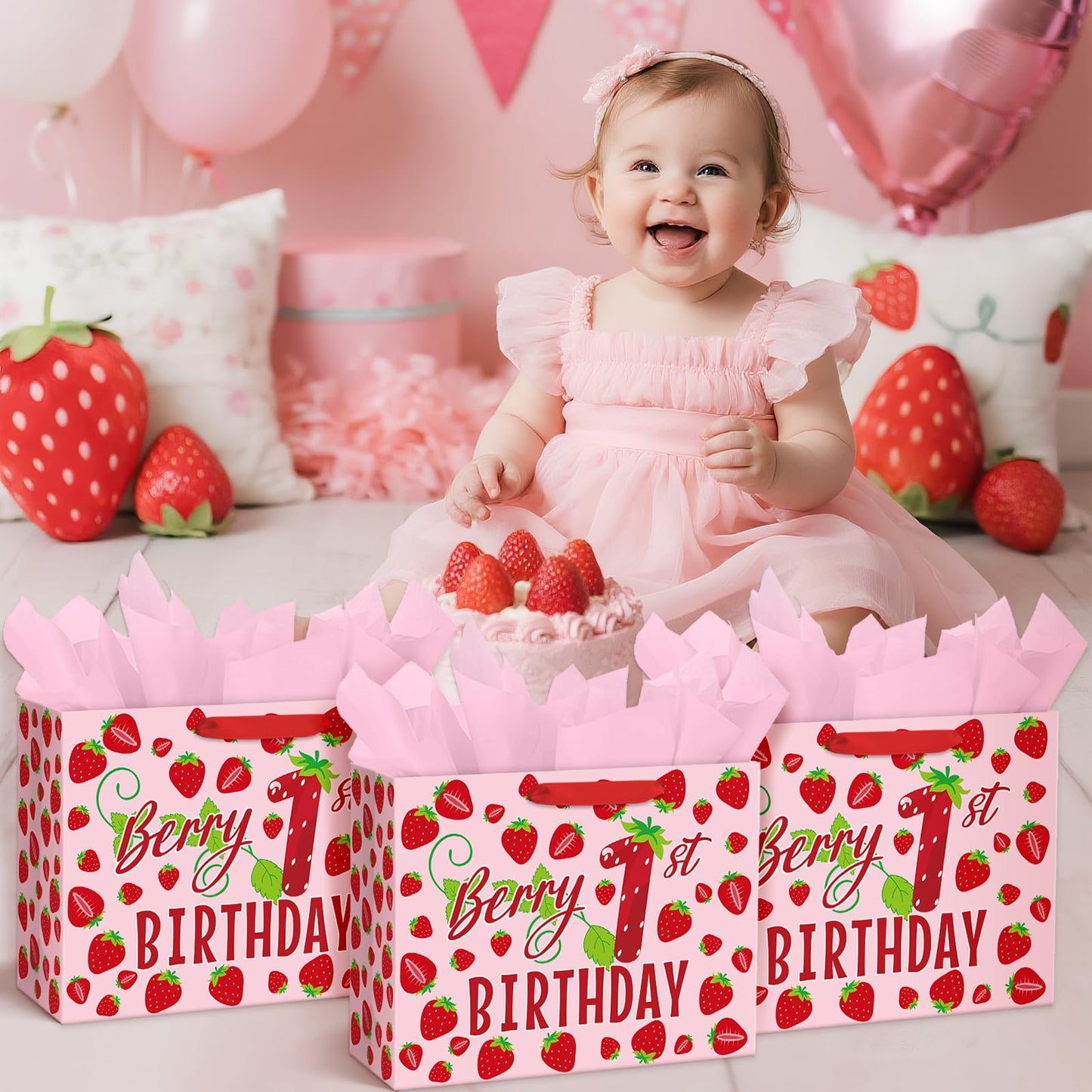 Loveinside 13" Large Berry 1st Birthday Gift Bag, Sweet Pink Strawberry Theme Gift Bag with Tissue Paper for Baby Girl First Birthday, New Born Baby Shower, Party Favor, 13" x 5" x 10", 1 Pcs