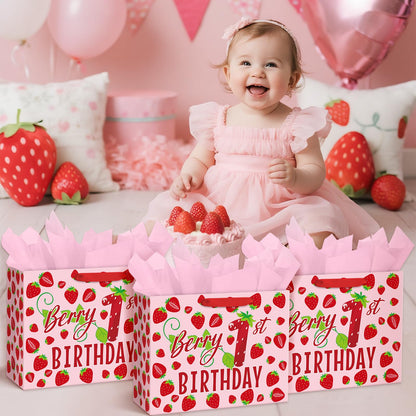 Loveinside 13" Large Berry 1st Birthday Gift Bag, Sweet Pink Strawberry Theme Gift Bag with Tissue Paper for Baby Girl First Birthday, New Born Baby Shower, Party Favor, 13" x 5" x 10", 1 Pcs