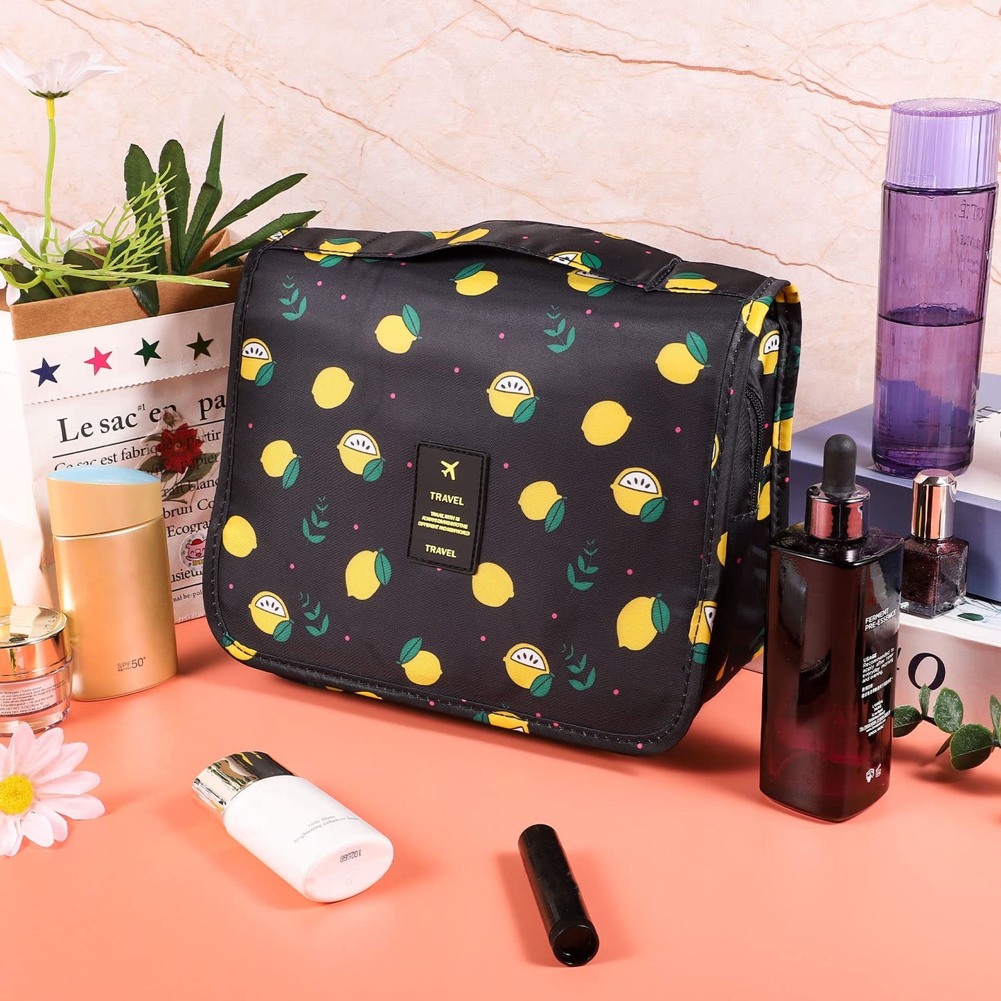 Pengxiaomei Hanging Toiletry Bag, Black Waterproof Cosmetic Bag Portable Lemon Makeup Pouch Travel Wash Bag with Handle for Kids Teen Girls Birthday Mothers Day Gifts