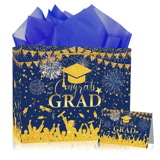 Congrats Gift Bag Class of 2026 - Graduation Gift Bag Blue and Gold Congrats Grad Bags with Card Tissue Paper Envelope Congratulations Gifts Bag for Men Women Student Teacher College Graduation 12 Inch