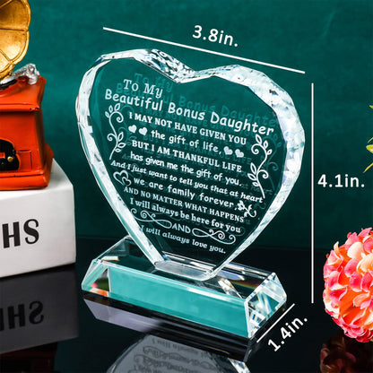 YWHL Bonus Daughter Gifts from Mom Dad, To My Bonus Daughter Heart Shaped Crystal Keepsake, Gifts for Stepdaughter from Stepmom Stepdad on Birthday Christmas Graduation