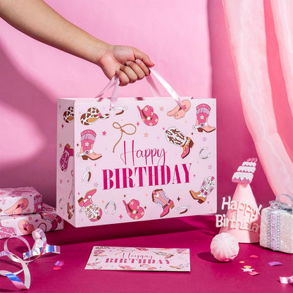 LeZakaa 13" Western Birthday Gift Bag for Kids Girls, Happy Birthday Cowgirl Hats Boots Lassos Horseshoes Stars Design, Tissue Paper, Greeting Card, 13" x 10" x 5", 1 Pcs