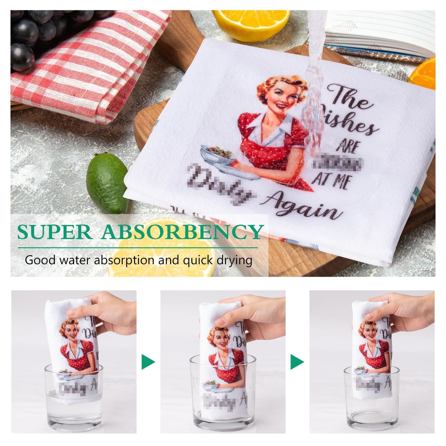 R HORSE 5Pcs Funny Kitchen Dish Towels, Funny Joked Themed Kitchen Dishcloth Absorbent Retro Sassy Lady Cleaning Dishcloth Bar Hilarious Hand Towel Gifts for Hostess Mom Women Housewarming
