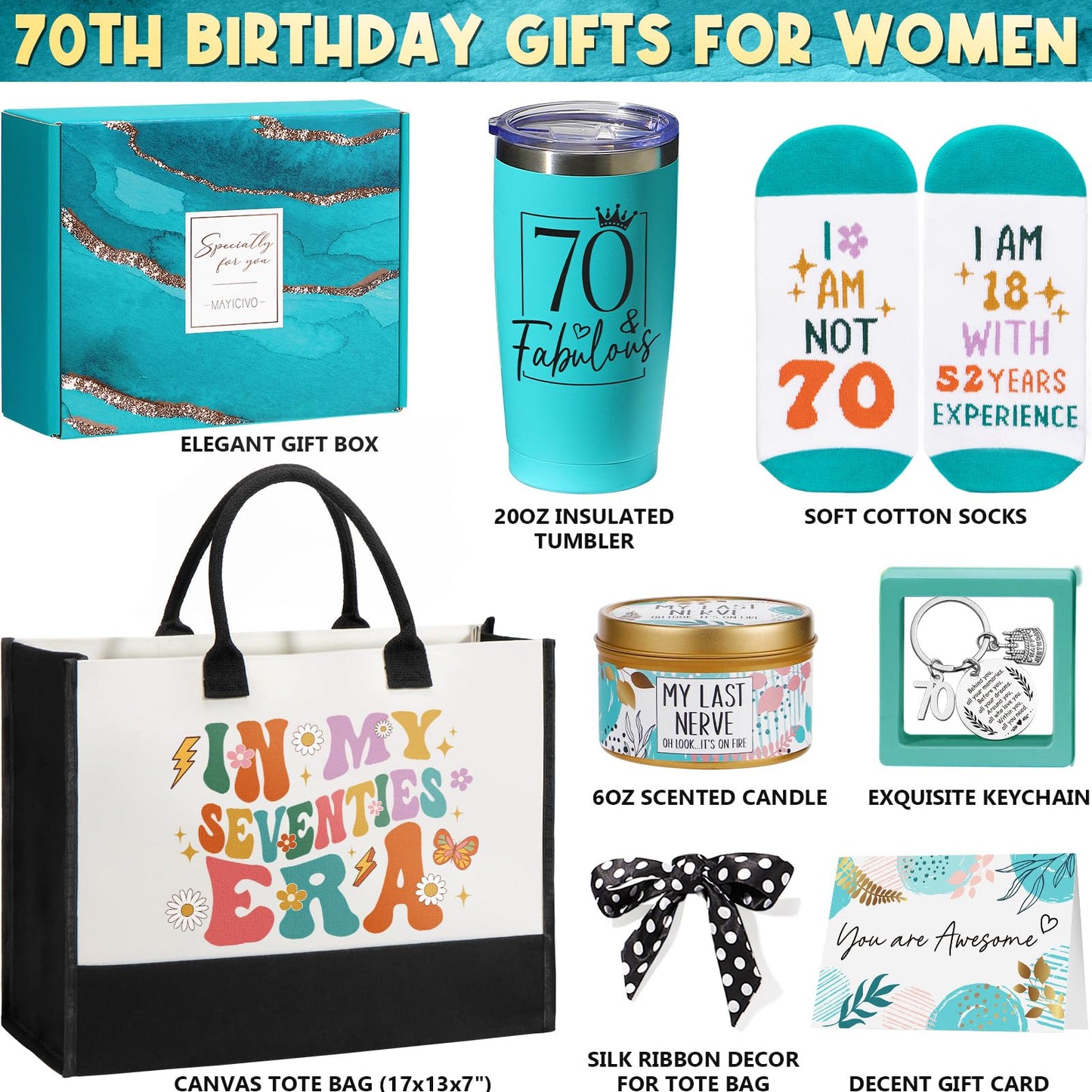 70th Birthday Gifts for Women, Unique 1956 Birthday Gifts for 70 Year Old Women Birthdays Gift Basket, Fabulous 70th Happy Birthdays Gift Idea for Mom Sister Friend Wife Grandma w/ Canvas Tote Bag