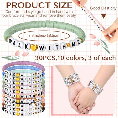 Kenning 30 Pcs Lds Easter Gifts Mormon Bracelets Bulk 2026 Walk with Me Clay Beaded Bracelets Youth Theme Gifts Church Christian Faith Baptism Gift for Men Women(Morandi)