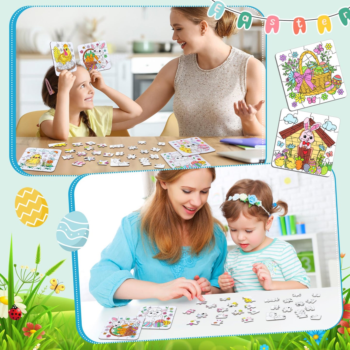 Realspring 24 Pack Color Your Own Jigsaw Puzzles for Kids Coloring Puzzles DIY Paper Jigsaw Bulk Party Favors Gifts Exchange Classroom Activities Home Educational Game Toy (Bunny)