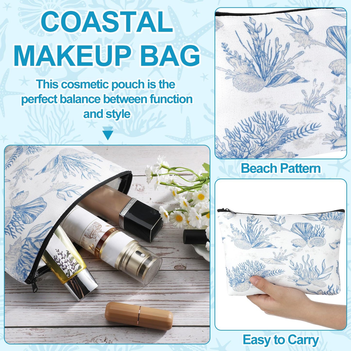 4 Pack Coastal Cosmetic Bags Beach Themed Gifts Starfish Seashell Conch Coral Makeup Pouches Zippered Travel Toiletry Bags for Women Beach Summer Trip Organizer Set(Fresh)