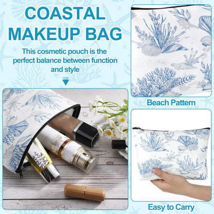 4 Pack Coastal Cosmetic Bags Beach Themed Gifts Starfish Seashell Conch Coral Makeup Pouches Zippered Travel Toiletry Bags for Women Beach Summer Trip Organizer Set(Fresh)