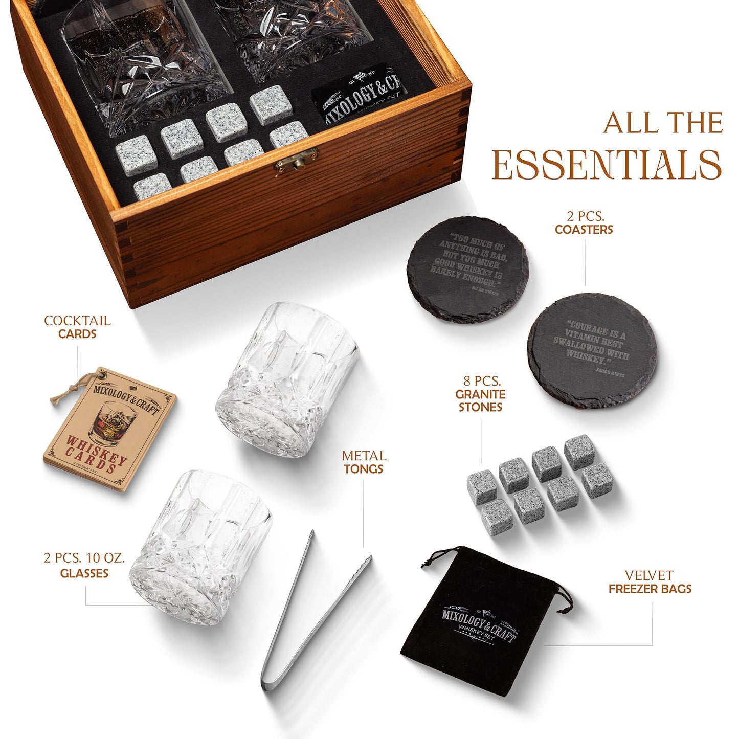 Mixology & Craft Whiskey Stones Gift Set: with Two 10oz Lead-Free Crystal Whiskey Glasses, 8 Whiskey Stones with Velvet Bag, 2 Slate Coasters & Recipe Cards in Wooden Crate | Great