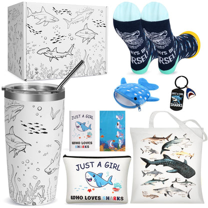 Shark Gifts for Women, 9 Pcs Shark Lovers Gift for Girls Including Tumbler Tote bag Makeup Bag Shark Coin Purse Socks Notepad Keychain Gift Card for Christmas Birthday Mothers Day