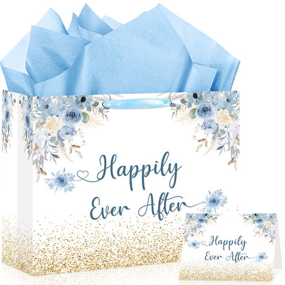 Wedding Gift Bag Bridal Shower Gift Bag with Tissue Paper and Card Engagement Bride to Be Paper Bags Happily Ever Life Wedding Wrapping Paper for Bride to Be Engage Bachelorette Party Supplies Decor