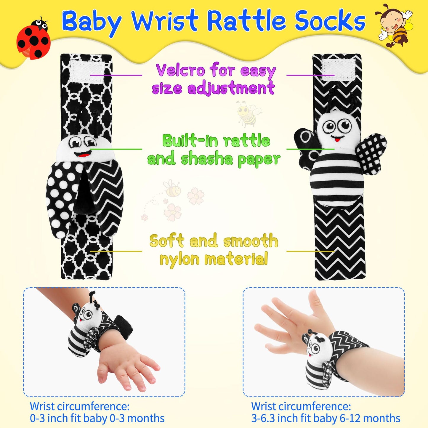 Baby Toys 0-6 Months - High Contrast Wrist Rattle Foot Finder Socks Set for 3 Month Baby Toys Infants, Soft Plush Sensory Rattles for Newborn Boys Girls Essentials Shower Gifts