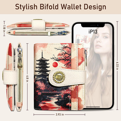 Kelvoris Japanese Sunset Goth Small Rfid Women Wallet Bifold Zipper Coin Pocket PU Leather Compact Cash Credit Card Holder Travel Wallet for Female Ladies Teen Girls 1 ID Window 10 Card Slots