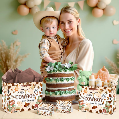 Frakron Cowboy Baby Shower Birthday Gift Bag for Baby Boys A Little Cowboy is On The Way Bag with Wrapping Paper Card Wild West Western Rodeo Gift Bag for Baby Shower Birthday Party Supplies
