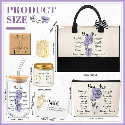 6 Pcs Christian Gifts for Women Faith Set Mother's Day Religious Gift for Women with Tote Bag Makeup Bag Candle Cross Necklace Cup Greeting Card for Church Grad Birthday(You are,Purple)