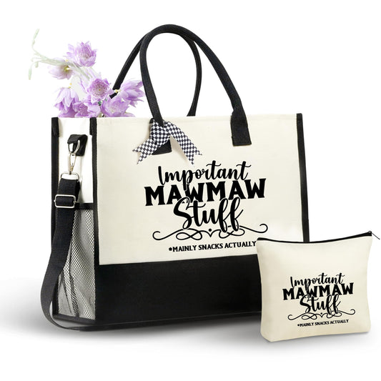 InnoBeta Mawmaw Gifts Canvas Tote Bag, Important Mawmaw Stuff Bag with Top Zipper Closure and Shoulder Strap for Birthday, Mother's Day, Christmas