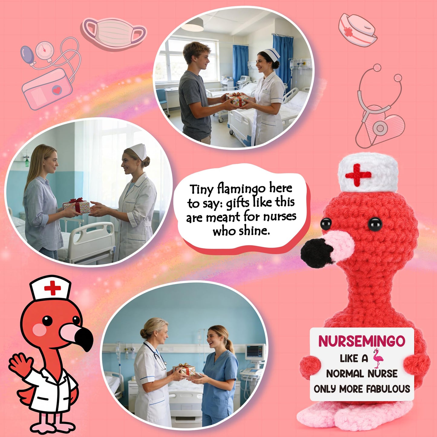 BdayPtion Nurses Appreciation Gifts for Women, Nurses Week Gifts for RN Thank You Gift for Practitioner LPN Nurse Graduation Gift for Nursing School Students Handmade Crochet Flamingo Presents