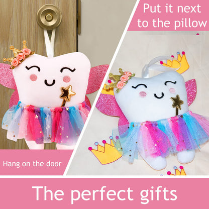 SQIMZAR Tooth Fairy Pillow,Tooth Fairy Plush Dolls for Girls with Pocket and Glittering Wings,Tooth Fairy Gifts Bag Pouch for Girls