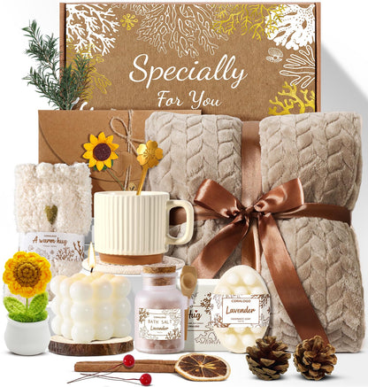 Spa Gift Baskets for Women - Mothers Day Gift Basket, Get Well Soon, Self Care, Relaxing Sunflower Package, 11pcs Spa Sets with Blanket, Luxury Gifts for Her Birthday Anniversary Mothers Day