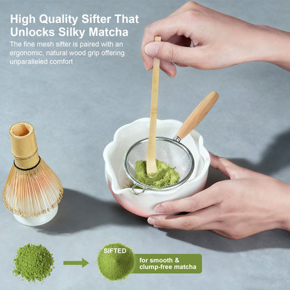 ENVTEK 8Pcs Matcha Whisk Set with Floral Ceramic Matcha Bowl, Wooden-Handled Sifter, Bamboo Whisk, Whisk Holder, Bamboo Scoop, Scoop Rest, Spoon, Tea Towel, Greeting card, Gift for Beginners
