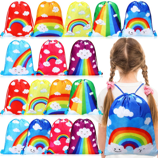 Capoda 16 Pcs Rainbow Party Favor Bags Bulk Colorful Rainbow Drawstring Bags Gift Treat Snack Birthday Backpack for Girl Kids Birthday Party Supplies Decoration, 10x12 Inch