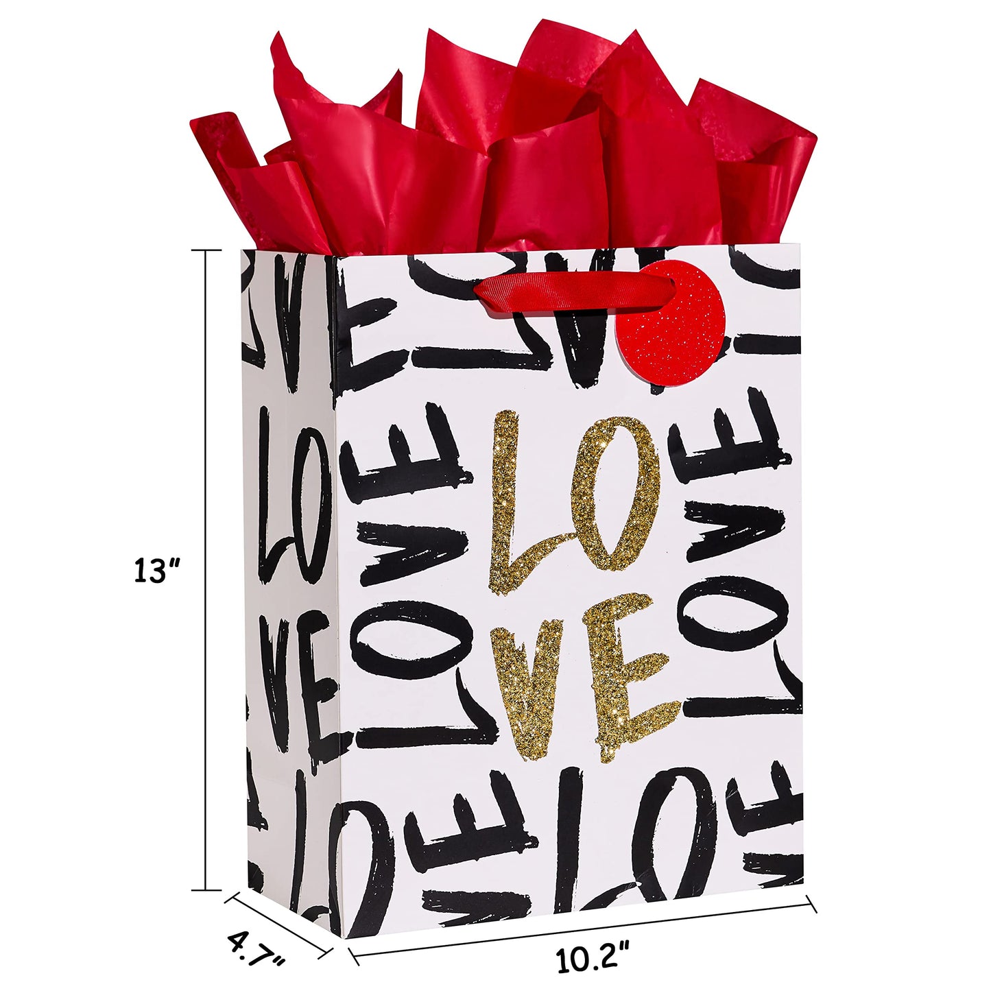 SUNCOLOR Large Valentine's Day Gift Bag with Tissue Paper, Black and Gold Love Design, 13 x 10.2 x 4.7 Inches, for Birthday, Mother's Day