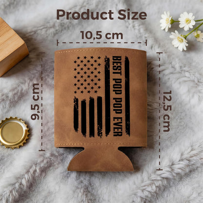 Best Pop Pop Gifts – Funny PU Leather Can Cooler Sleeve for PopPop from Grandkids, Fathers Day Birthday Christmas Gift Idea, Fits 12 Oz Cans