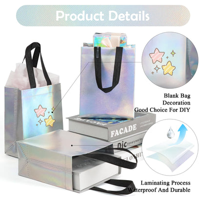 JCBZAMZ 25 Pack Iridescent Reusable Gift Bags with Handles Bulk, Holographic Rainbow Small Gift Bag for Women Kids, Eco-Friendly Non-Woven Party Favor Goodie Bags for Birthday, Valentine, Baby Shower, Wedding Treats