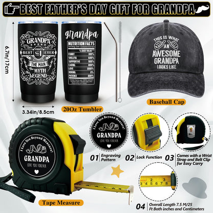 JTAMOHI 11 Pieces Grandpa Gifts, Best Grandpa Ever Gift with 20 Oz Tumbler Socks Baseball Cap Tape Measure Bracelet Wallet Card Keychain, Fathers Day Birthday Christmas Gift for Grandfather Granddad