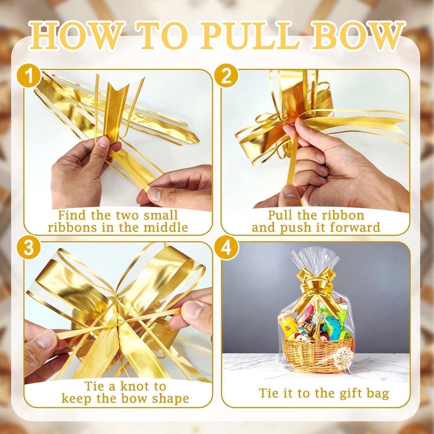 PigPotParty 10 Pack 24x30 Inch Large Cellophane Bags for Gift Baskets, Thick Clear Plastic Basket Wrap, Includes 10 Large Gold Pull Bows