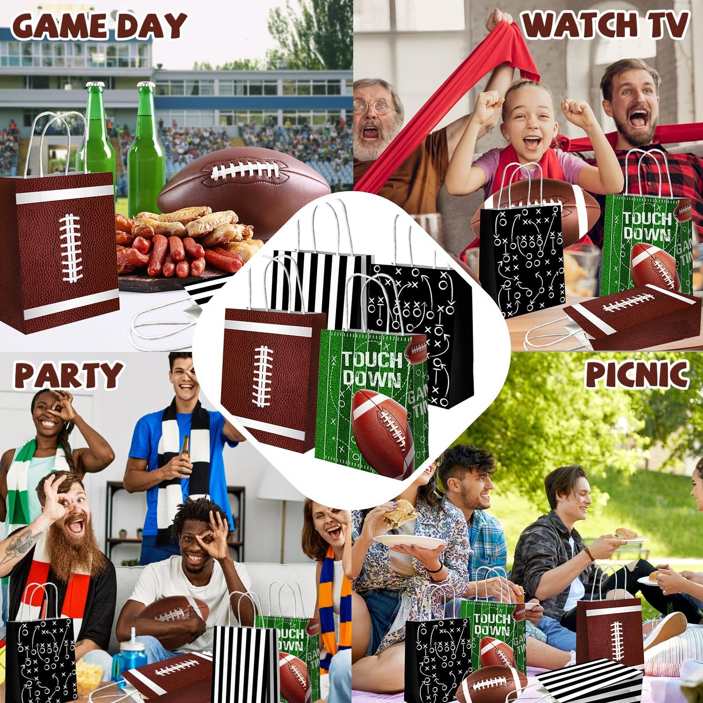 Juweked 12Pcs Football Gift Bags With Handle - Paper Goodie Bags for Snacks, Party Favors, Treats - Touchdown Game Time Party Decor